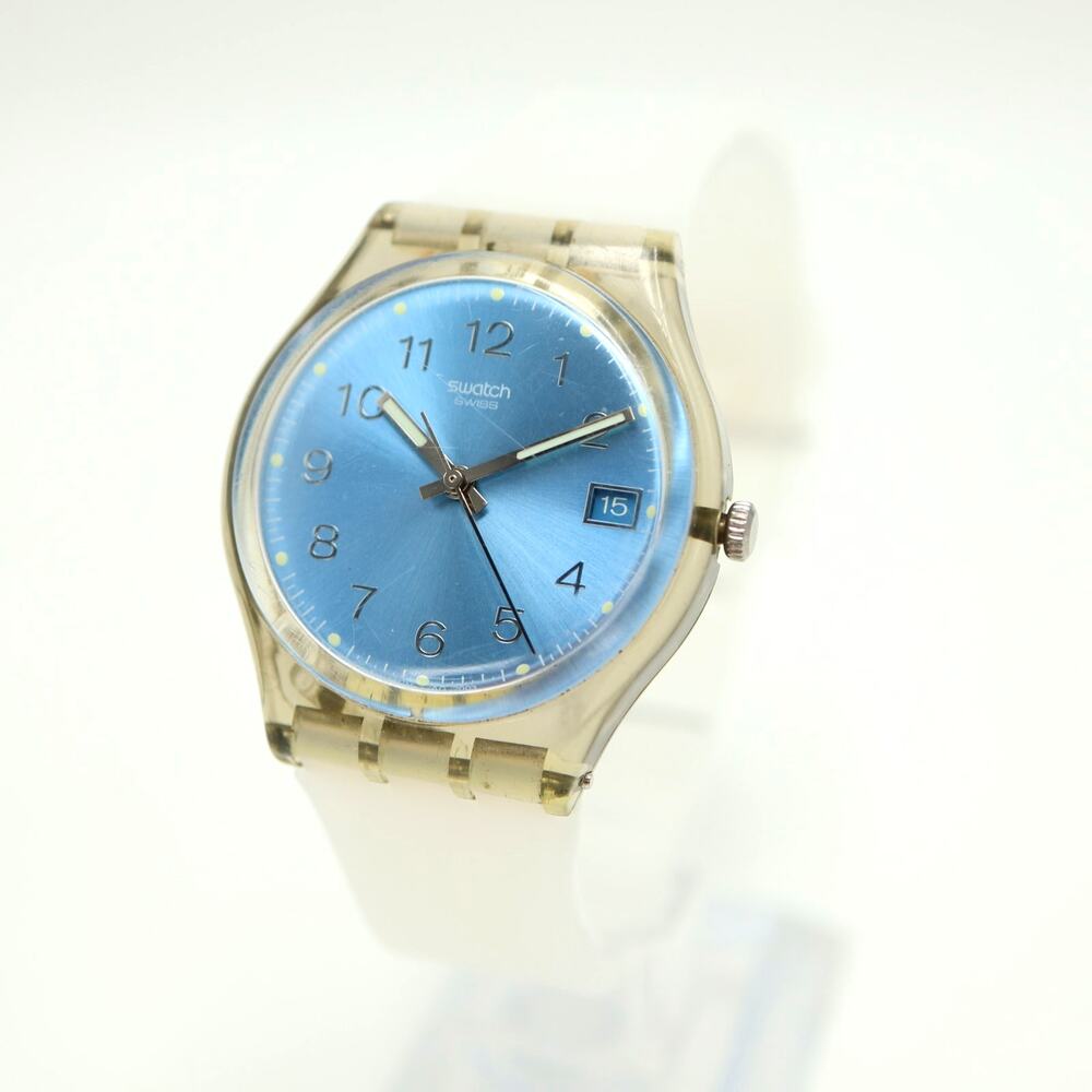 Swatch 'Blue Choco' Unisex 34mm Ice Blue Date Dial Watch w New Strap & Battery